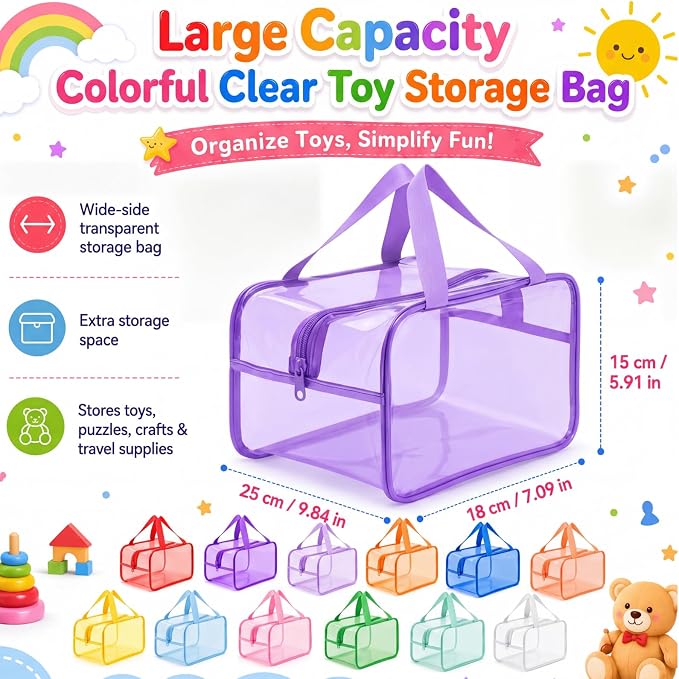 Shinylin 12 Pack Pastel Colorful Large Toy Storage Bags with Zipper 9.8 x 5.9 x 7.1 Inch Reusable Waterproof PVC Clear Board Game Storage Bags with Labels for Puzzles Building Blocks Book Stationery - Image 2