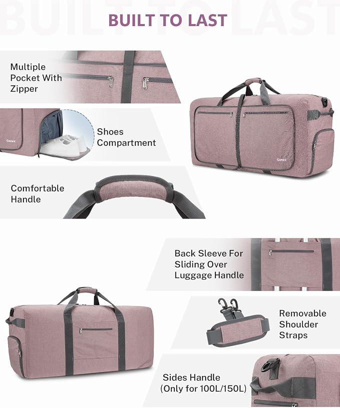 Gonex 150L Foldable Travel Duffle Bag with Shoe Compartment, Lightweight | 210D Nylon, Water-Repellent, Folds Compact, Multiple Pockets, Luggage Sleeve,Family Travel & Camping, Warm Sand - Image 5