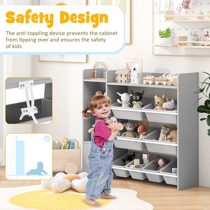 Costzon Kids Toy Storage Organizer, 4-Tier Kids Bookshelf Storage Cabinet w/8 Removable Bins, Preschool Children's Montessori Bookshelf w/Large Cabinet for Playroom, Daycare, Kids Room, Classroom - Image 6