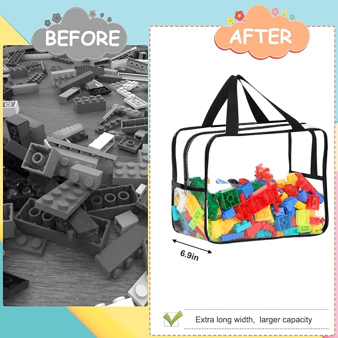 6 Pcs Widen XL Toy Storage Bags Waterproof Clear Toy Organizer with Labels | Reusable PVC Transparent Organizer Bags with Zipper 12.6×9.25×6.9In for Building Blocks, Puzzle, Board Games Travel Storage - Image 5