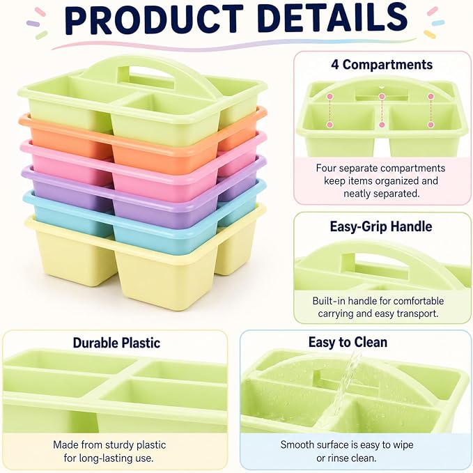 gisgfim 6 Pack Plastic Classroom Caddy with 4-Compartments Plastic Storage Caddies with Handle 4 Compartments Table Caddy Organizer Versatile Table Caddies for Classroom Office, Colorful - Image 3