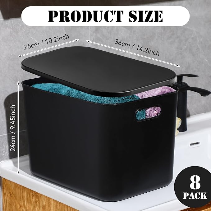 8 Pack Storage Bins, 14.2 X 10.2 X 9.5 Inch Black | Plastic Stackable Containers with Lid Handle, For Shelves Desktop Playroom Office, Organizing Toys Books Supplies Storage - Image 2