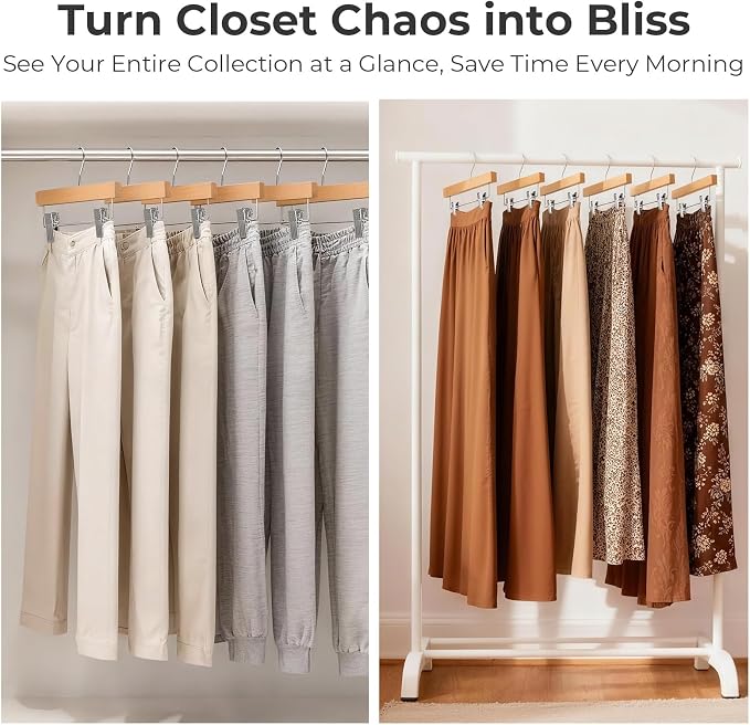 HOUSE DAY Wooden Pants Hangers with Clips, 25 Pack Skirt Hangers, Natural | 14-Inch Wood Hangers with Adjustable Non-Slip Metal Clips & 360° Swivel Hooks, Heavy Duty for Jeans, Slacks, Trousers, Shorts - Image 6