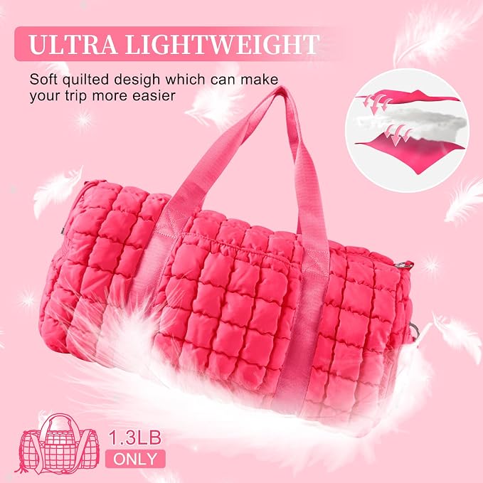 Quilted Travel Duffle Bag Gym Bag for Women,Large Puffer Duffle Weekender Bag with Compartment,Workout Overnight Carry on Organizer Bag Duffle Bag for Airplane Travel(Rosered) - Image 7