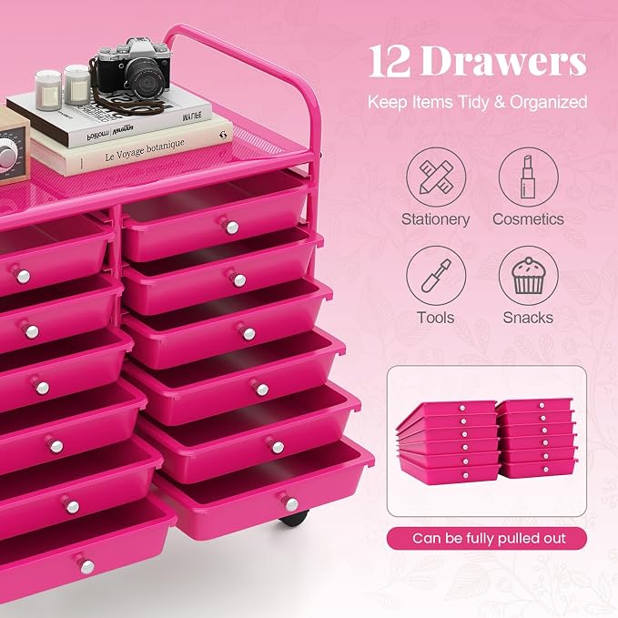 RELAX4LIFE 12-Drawer Rolling Storage Cart - Mobile Utility Cart on Wheels for School Classroom Teacher Office Salon, Paper File Art Supply Craft Organizer, Rolling Cart with Drawers (Hot Pink) - Image 4