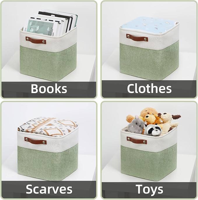 DULLEMELO Storage Baskets for Organizing, Fabric Storage Cubes for Box, 11 Inch Decorative Cube Storage Bins with handle for Gift Basket(4 Pack - 11" White&Green) - Image 4