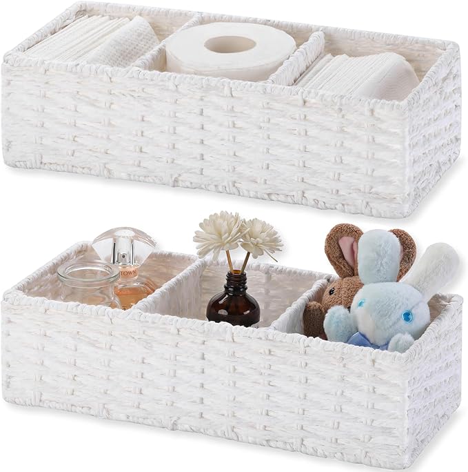 3 Section Wicker Storage Basket, White Wicker Baskets for Storage, Toilet Tank Basket, Small Baskets for Organizing for Shelves, 2-Pack by Vagusicc