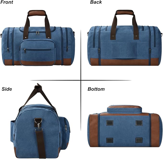 Litvyak 50L Canvas Duffle Bag for Travel Weekender Gym Overnight Carry-on | Expandable, Eco Certified, Leather Accents, Toiletry Bag Inclued, Travel Duffel Weekend Luggage Bag for Women Men, Blue - Image 6