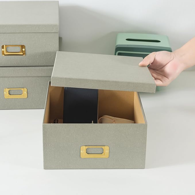 Soul & Lane - Gray Decorative Photo Storage Boxes with Lids, Set of 3 | Square Stacking Kraft Storage with Gold Label Holders, Nesting Cardboard Memory Boxes for Cards, Desk and Home Decor - Image 3