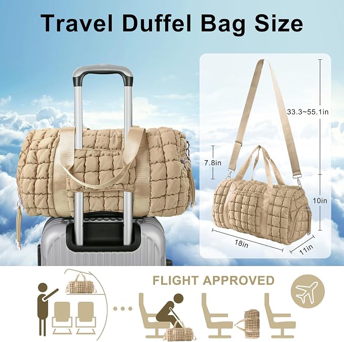 Quilted Travel Duffle Bag Gym Bag for Women,Large Puffer Duffle Weekender Bag with Compartment,Workout Overnight Carry on Organizer Bag Duffle Bag for Airplane Travel(Khaki) - Image 2