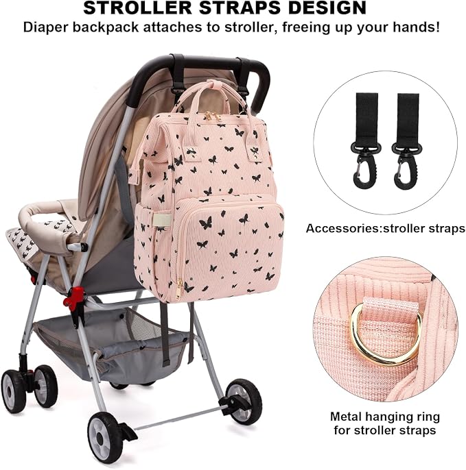 Corduroy Diaper Bag Backpack for Baby Girls Boys, Women Large Nappy Bags for Mom (Pink Corduroy Butterfly) - Image 6
