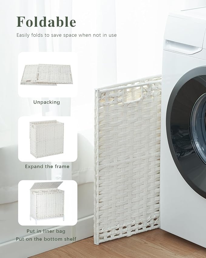 SETVSON Laundry Hamper with Lid, 112 L Handwoven Rattan, Cloud White | 2-Section Large Basket, 2 Removable Liner Bags, 3.34-In Heightened Metal Feet, 6 Mesh Laundry Bags, Side Handles - Image 6