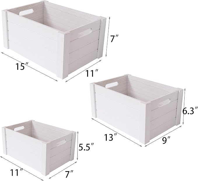 Farmhouse Modern White Wooden Crates For Storage | Rustic Decorative Boxes,Set Of 3 Large Nesting Wooden Storage Crates For Home Decor,Handmade Natural Solid Wood Box - Image 2