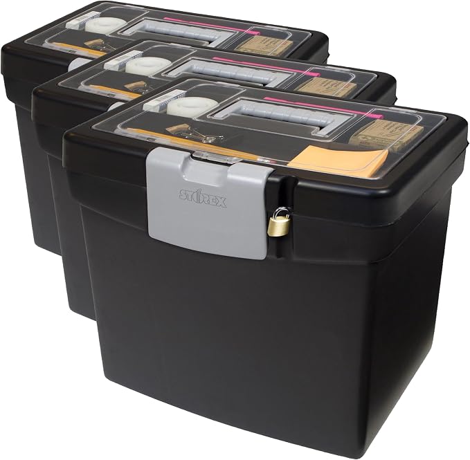 Storex 61504B02C Portable File Box with XL Lid, 11 x 13-1/2 x 11 Inches, Black (Pack of 3) by Storex