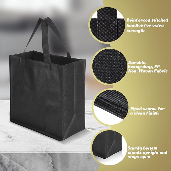 Reginary 100 PCS Non Woven Tote Bags Bulk,Black | Reusable Shopping Bags with Handles, Stores, Groceries Markets, Events Gift, Party Supplies - Image 5