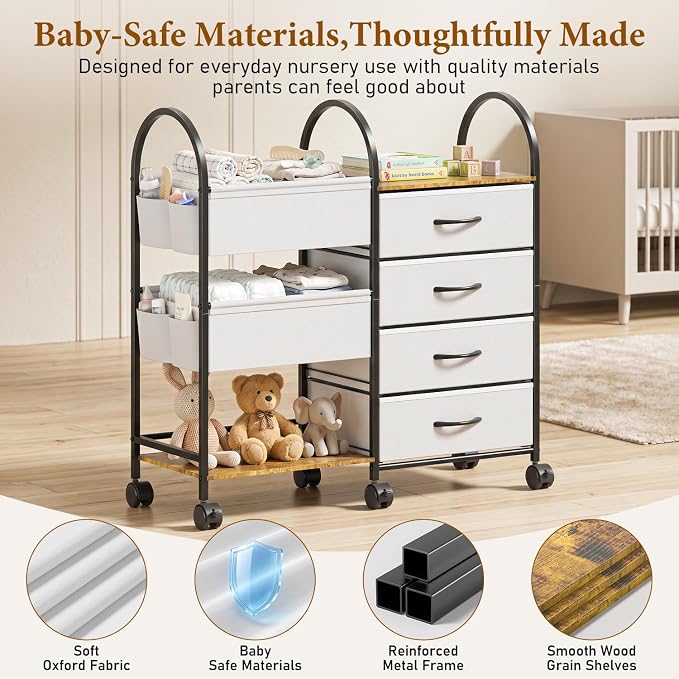 Baby Diaper Caddy Organizer Cart with Wheels, 4-Tier Rolling Diaper Cart with Dividers and Drawers, Multi-Layer Nursery Storage for Diapers & Baby Essentials - Image 6