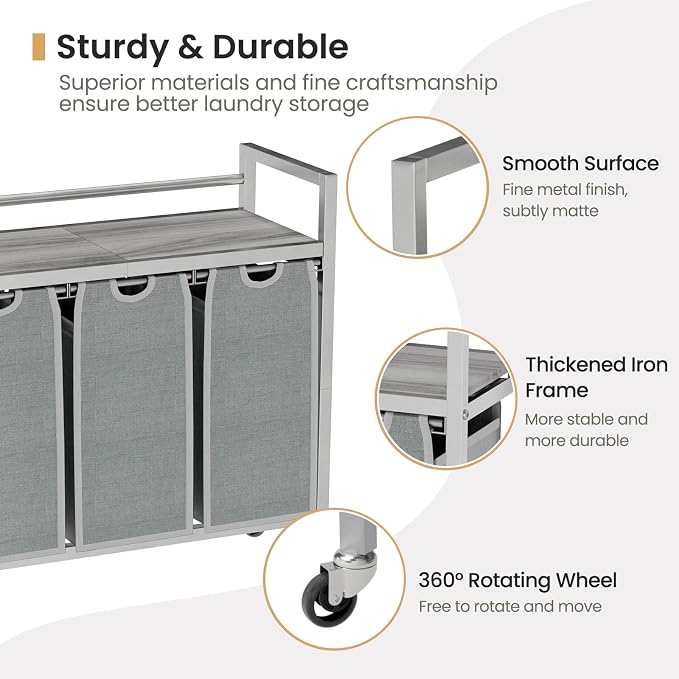 SwaaVee Laundry Sorter, Laundry Hamper 3 Section, 3×11.4Gal, Metal Frame Rolling Laundry Basket with Wooden Top Shelf, Pull out and Removable Laundry Bags, 3 Bags-Gray - Image 4