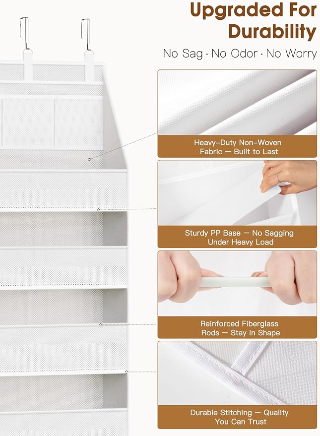 2 Pack Over the Door Organizer, Heavy-Duty 6-Shelf Hanging Storage with 13 Mesh Pockets, 55lbs Capacity Behind the Door Storage for Nursery, Bathroom, Bedroom, and Dorm, White - Image 3