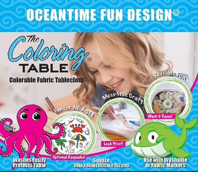 Oceantime Fun Design – Square Tablecloth 60”X60” - Interactive Coloring Tablecloth for Kids – Poly/Cotton Fabric - Washable and Reusable – DIY Activity for Children and Adults - Image 2