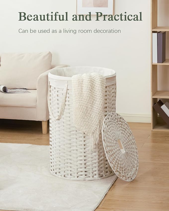 SETVSON Large Laundry Hamper Laundry Basket Round 34.3 Gal PE, White | Decorative PE Rattan Furniture Look for Bedroom, Jumbo Open-Top Laundry Hamper, Removable Bag, 2 Mesh Bags, Handles - Image 7