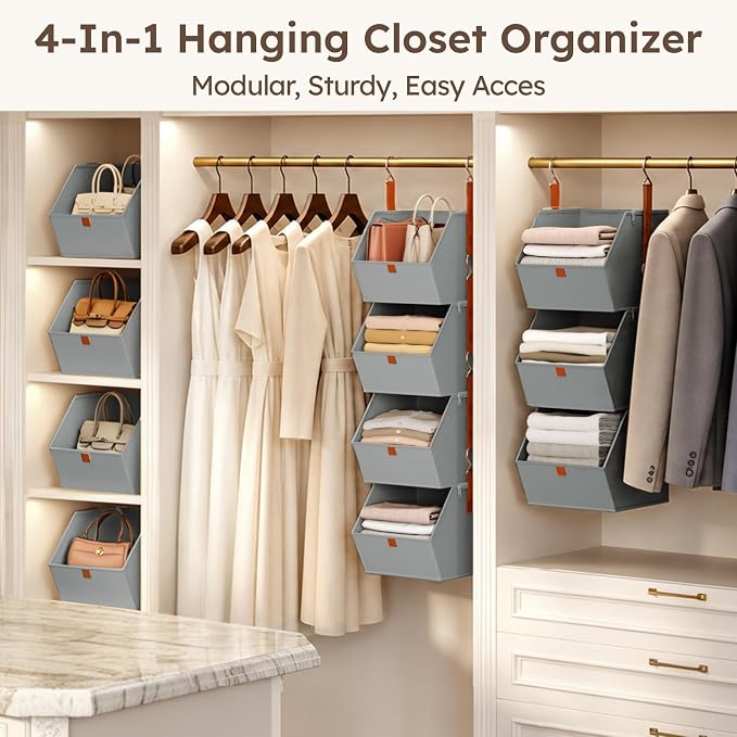 Hanging Closet Organizer 4 Tier - Clothes Hanging Shelves, Space-Saving Closet System, Fabric Storage Bins Bedroom Organization, Collapsible Baskets for Home, Dorm, Rv, Grey - Image 5