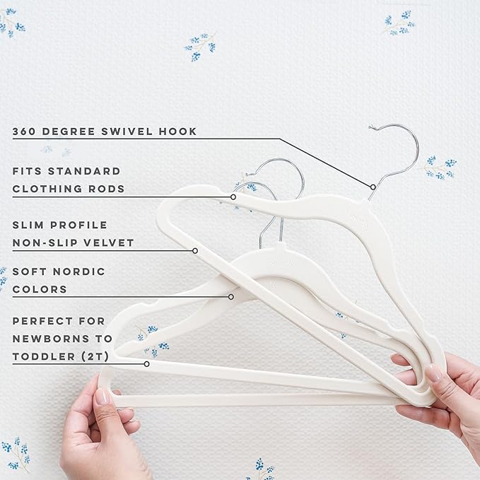 3 Sprouts Velvet Baby Hangers, Non Slip Slim, Beige, 30 Pack | Non-slip velvet, Notched shoulders, 360-degree swivel hook, 11.75 x 8 in, Infant and toddler clothes, Soft colors for nursery - Image 3