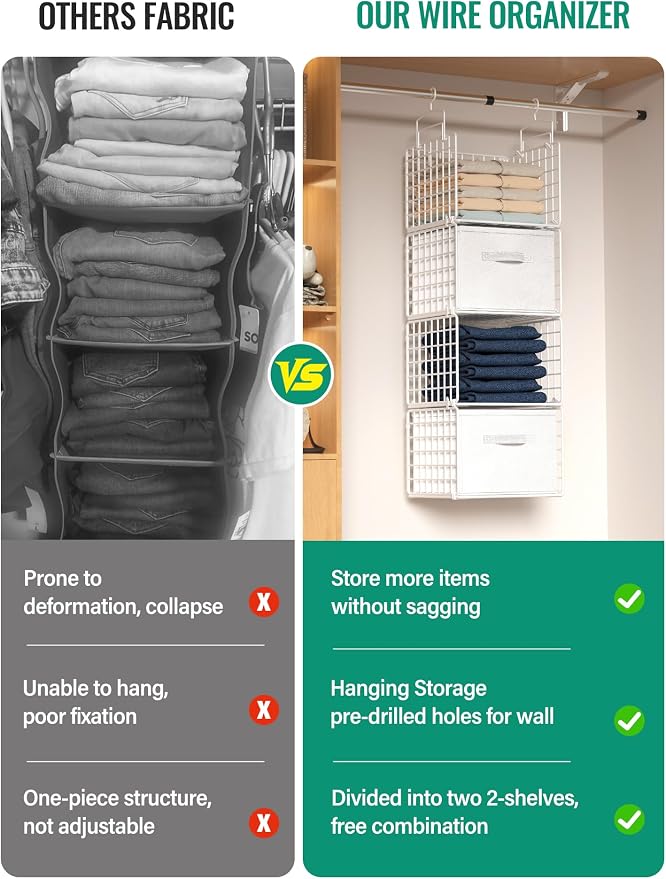 Hanging Closet Organizer with Drawers, 4 Tier Metal Closet Organizers and Storage with 4 Hanging Hooks 4 S-Hooks for Wardrobe Laundry Room, Wire Storage Shelf for Clothes Sweaters Pants (White) - Image 4