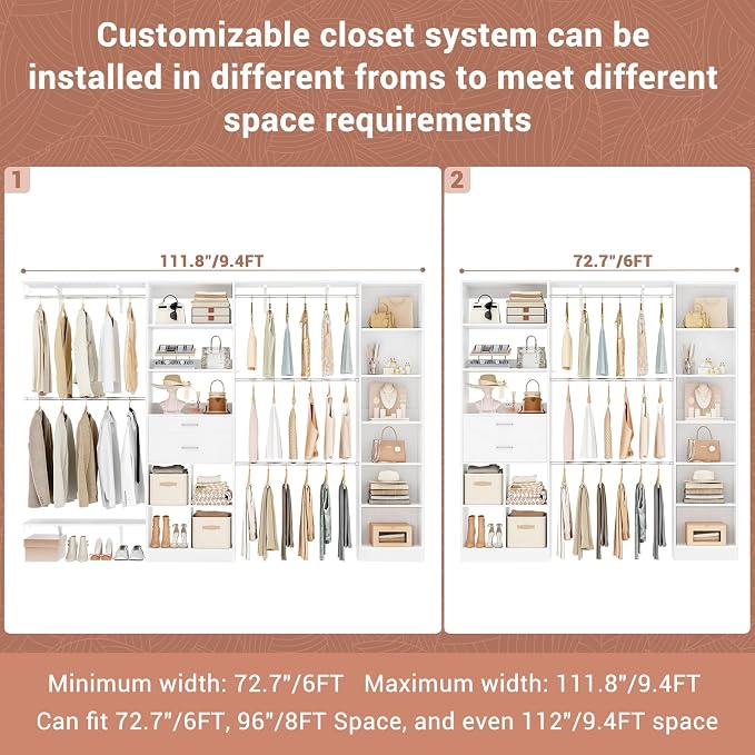 Besiost Closet System - 9.4FT/112" Closet Organizer System with Wooden Drawers,Closet Systems for Walk-In Closets with Hang Rods and Open Cabinet - Image 2