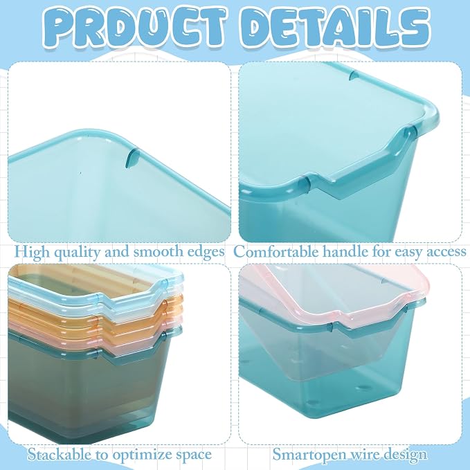 Funrous 12 Pack Plastic Cubby Bins for Classroom, Stackable Storage Bins with Rainbow Labels and Handles Cubby Organizer Containers for Teacher Supplies Home Office Daycare and Playroom (Blue) - Image 3