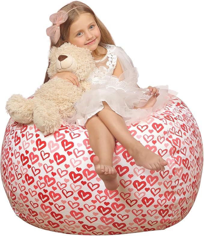 WEKAPO Stuffed Animal Storage Bean Bag Chair Cover for Kids | Stuffable Zipper Beanbag for Organizing Children Plush Toys Large Premium Cotton Canvas (Heart, X-Large) by Wekapo