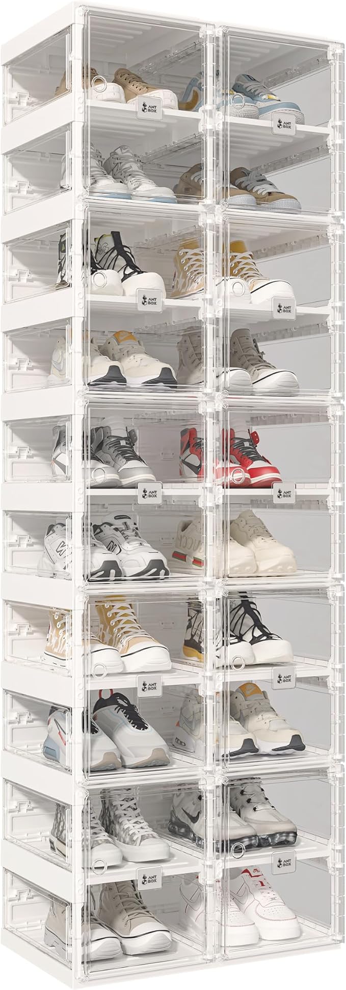 ANTBOX Collapsible Shoe Boxes Clear Plastic Stackable, Quick Setup Drop Front Shoe Organizer, Display Storage Cabinet for Sneakers10 Tiers 20 Pairs by ANTBOX