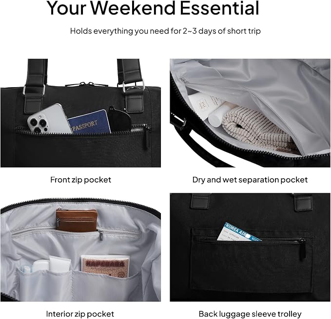 Travel Duffle Bag for Women,40L Weekender Bags Airline Approved Carry On with Shoe Compartment & Waterproof Wet Pocket, Durable Nylon Weekender Overnight Bag for Travel, Gym, Business Trip, Black - Image 5