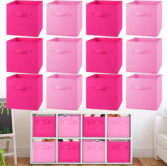 Yinder 12 Pcs Cube Storage Bin Pink 10.5''x10.5''x11'' Storage Bins for Playroom Decor Colorful Bins for Kids Foldable Baskets for Nursery Organizer Boxes Fabric Boxes by Yinder
