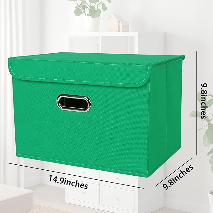 STOREONE Fabric Storage Cube Bins Foldable Organizer Container Collapsible Basket with Lids and Metal Handles, for Home, Bedroom, Closet 3 Pcs (Green) - Image 2