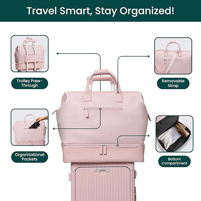 Nobl Travel Weekender Bag for Women & Men, Large Carry-On Duffel, Blush | Leather Overnight Tote with Trolley Sleeve, Separate Shoe Compartment & Laptop Pocket for Airplane, Gym & Road Trips - Image 3