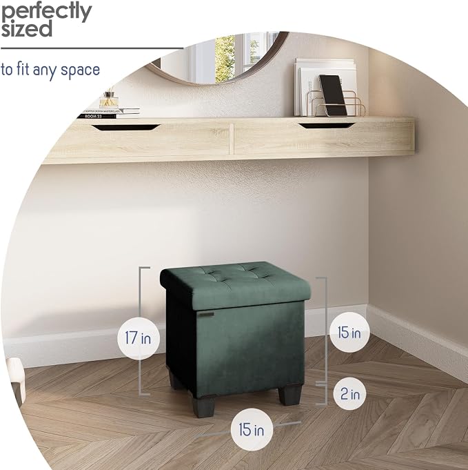 Storage Ottoman Cube with Small Bin, 15-in Square Ottoman with Storage for Living Room and Bedroom, Small Ottomans Foot Rest, Velvet Foot Stools Ottomans Max 330lbs, Green - Image 9