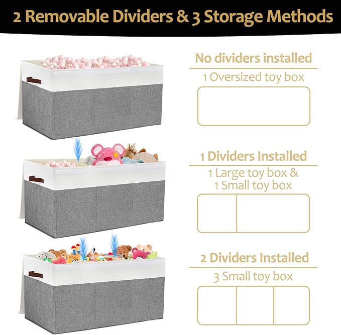 Extra Large Toy Storage Box with Lid,Toy Chest Bin Basket with Dividers | Sturdy Toy Organizer Bin for Kids, Boys, Girls, Nursery, Closet, Bedroom, Playroom 35.5"x17" x17"(Grey and White) - Image 4