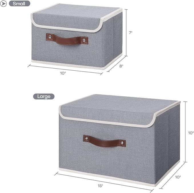 ANMINY Fabric Storage Box Bins with Lids, Gray, 10"x8"x7" | Keepsake Memory Storage, Cotton Linen, PP Board Reinforced, Washable, PU Handles, Foldable & Stackable, Decorative, Small - Image 5