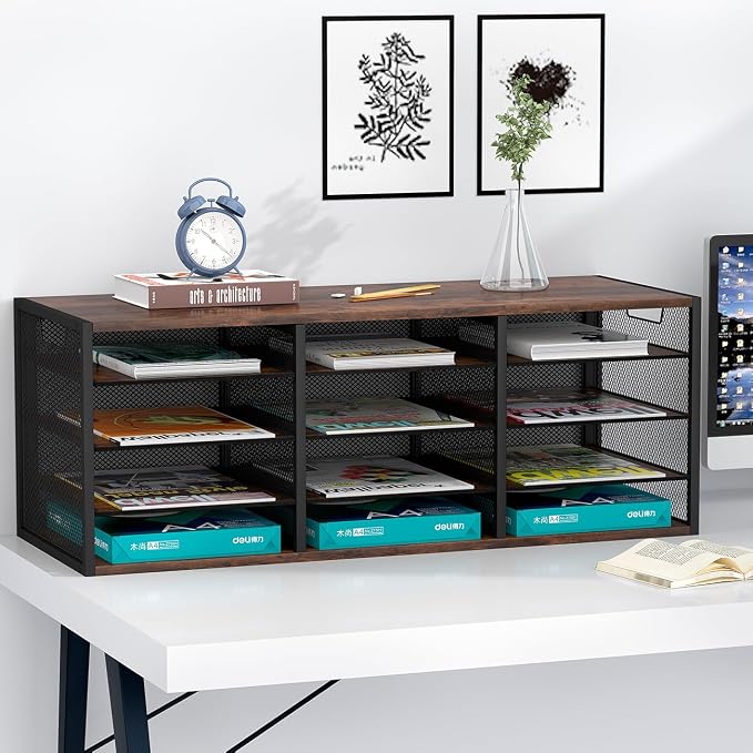 Mail Sorter Adjustable Holder, Countertop Literature Organizer, Student Mailbox for Classroom, Desktop Bill Paper Organizer for Office Home School, 12 Compartments, Brown - Image 7