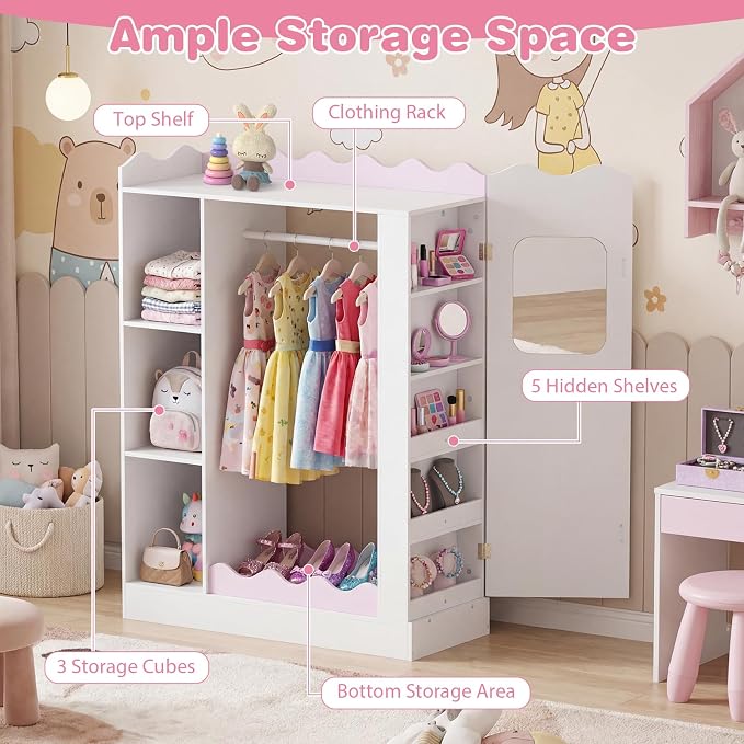 Costzon Kids Dress Up Storage with Mirror, Children Wardrobe Closet with Open Hanging Rack, Shelves and Cabinet, Kids Armoire Costume Organizer for Bedroom, Kids Room, Playroom, Preschool (White) - Image 4