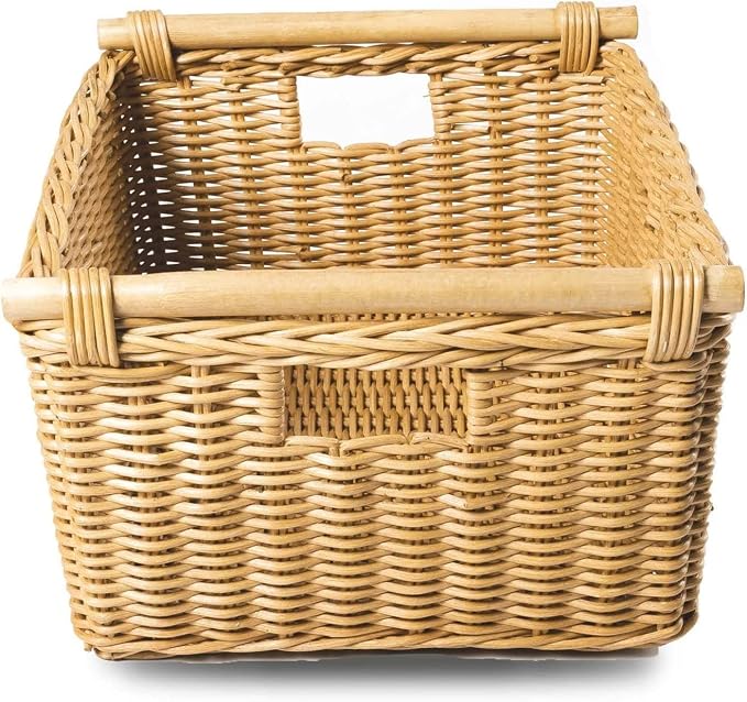 The Basket Lady Pole Handle Wicker Storage Basket, M, Sandstone | Outside: 16" L x 12" W x 8.25" H | Inside: 14"L x 10"W x 8"H - Handcrafted by artisans from natural rattan - Image 2