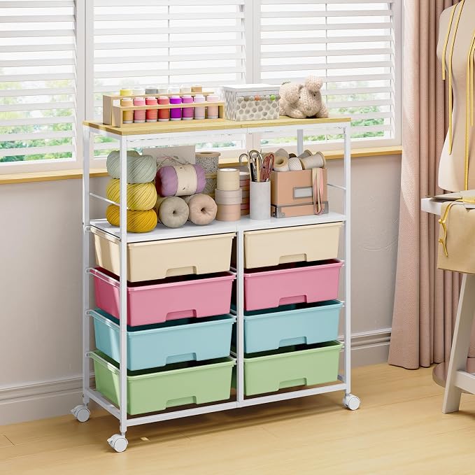 Rolling Storage Cart with 8 Large Drawers,Wooden Tabletop | Open Storage Shelves, Mobile Craft Organizer with Lockable Wheels for Home, Classroom, Office Supplies & Art Studio,Colorful - Image 6