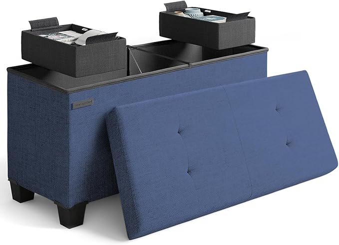 Storage Ottoman Bench with Bins, 30-in Storage Bench for Bedroom End of Bed, Folding Foot Rest Ottoman for Living Room Max 660lbs, Fabric Ottomans, Blue by STORAGEBUD