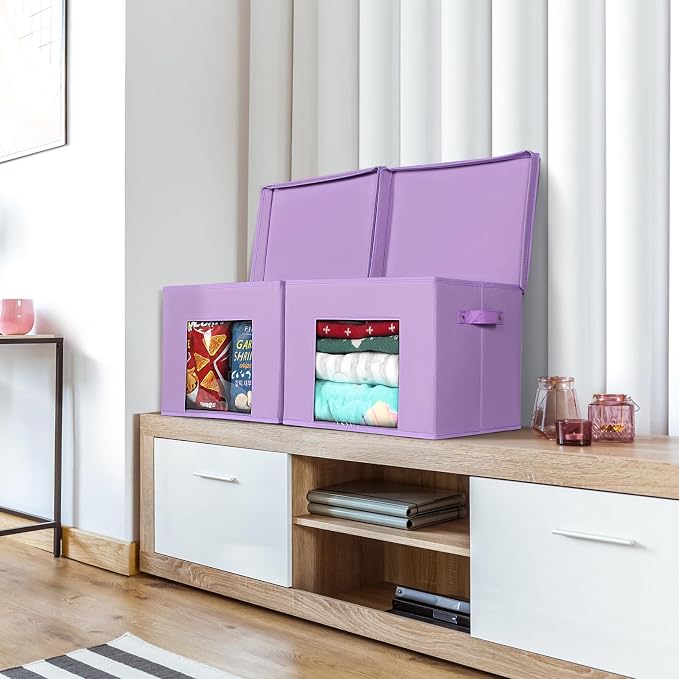 Univivi Fabric Storage Bins with Lids for Closet, 4 Pack, Purple | Fabric Foldable Storage Boxes, Sturdy Collapsible Storage Bins with Clear Window, Storage Cubes for Home, Closet, Shelves - Image 5