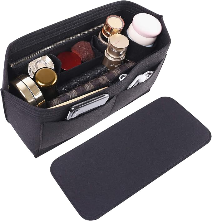 Purse Organizer Insert for Handbags & Base Shaper 2pc Set, Felt Neverfull PM Organizer Insert, Tote Bag Organizer with Zipper Pocket and Bottle Holder, Fit Neverfull PM and More, Black-M by Doxo