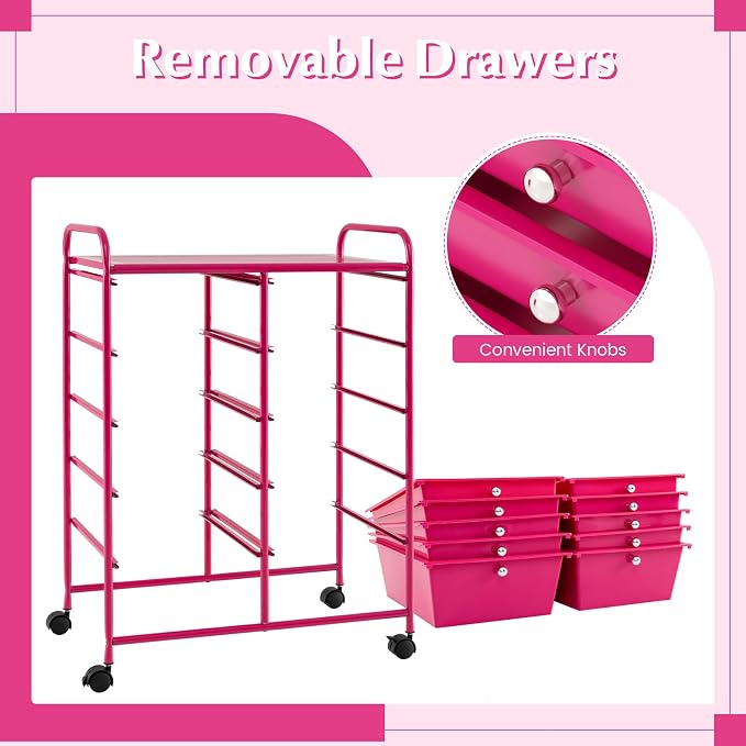 COSTWAY 10 Drawer Rolling Storage Cart, Utility Cart with Lockable Wheels | Mobile Art Supply Craft Organizer with Metal Frame, Multipurpose Drawer Cart for Paper for Office, School, Hot Pink - Image 6