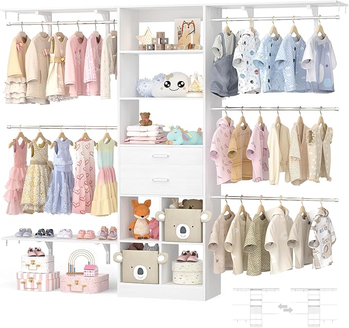 Besiost Closet System - 5-8FT Closet Organizer System with Wooden Drawers & Cube Storage Organizer, Up To 96" Closet Systems for Nursery & Walk-In Closets with Cuttable Hanging Shelving, White by Besiost