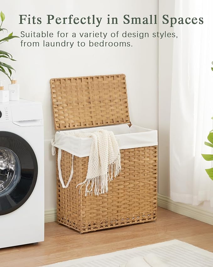 SETVSON Laundry Hamper with Lid Wicker Laundry Basket 112L, Natural | Large Family Clothes Sorter Trunk with Lid, 3 Compartment Washable Liners, 6 Mesh Bags, Collapsible Steel Frame - Image 7
