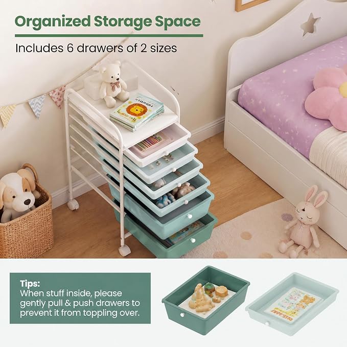 GOFLAME 6-Drawer Rolling Storage Cart, Multifunctional Art Craft Organizer Cart, Mobile Utility Storage Cart with Removable Drawers & Lockable Wheels, Craft Cart for Home Office, Green Gradient - Image 6