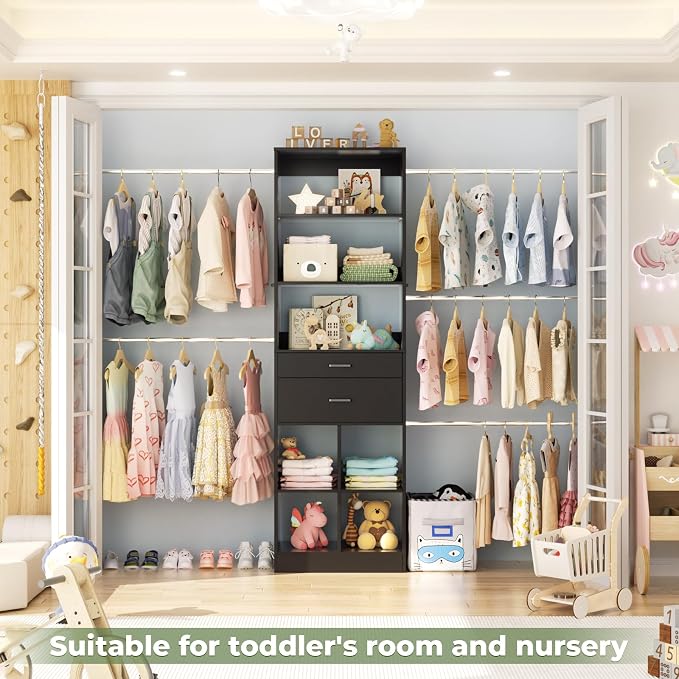 Besiost Closet System, 4-8 FT Closet Organizer Tower with 2 Wooden Drawers and Shelves, Can Fit 60 to 96 inch Walk-in Closet System with 5 Hang Rods, Built-in, Black - Image 7